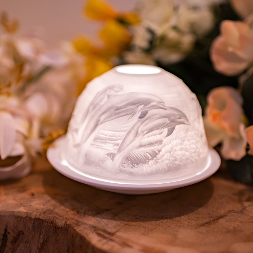 Photophore Dôme Biscuit en Porcelaine - Dauphins