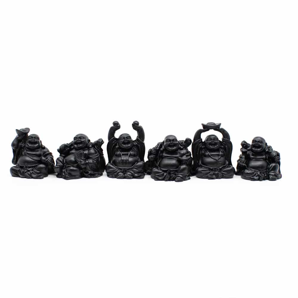 Lot de 6 Figurines Bouddhas Heureux Assis - Polyrésine Noire - environ 7,5 cm