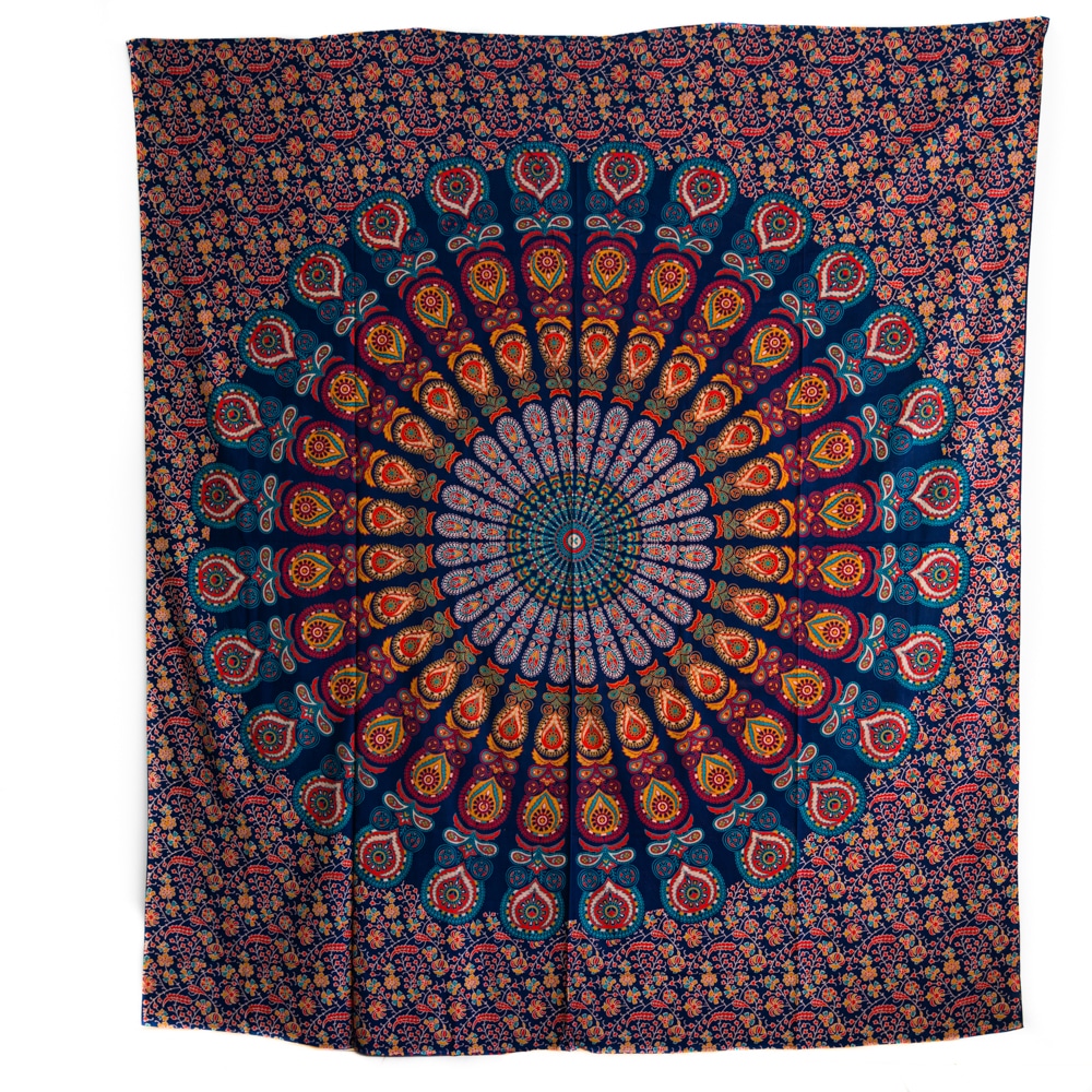 Tapisserie Authentique Mandala en Coton - Bleu (240 x 210 cm)