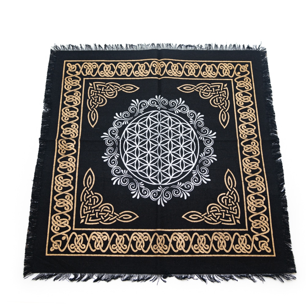 Tapis d'Autel en Coton Doré et Argenté - Fleur de Vie et Décoration (45 x 45 cm)
