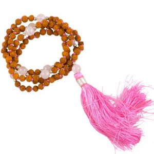 Mala Rudraksha et Quartz Rose - Pompon Rose