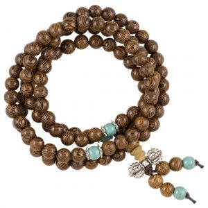 Mala Perles en Bois Brun Clair - Dorje Argenté