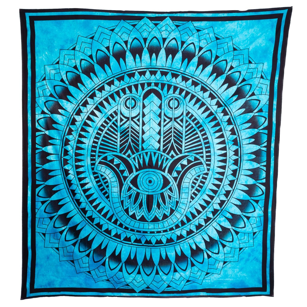 Tapisserie Authentique Main Hamsa en Coton - Bleu (230 x 210 cm)