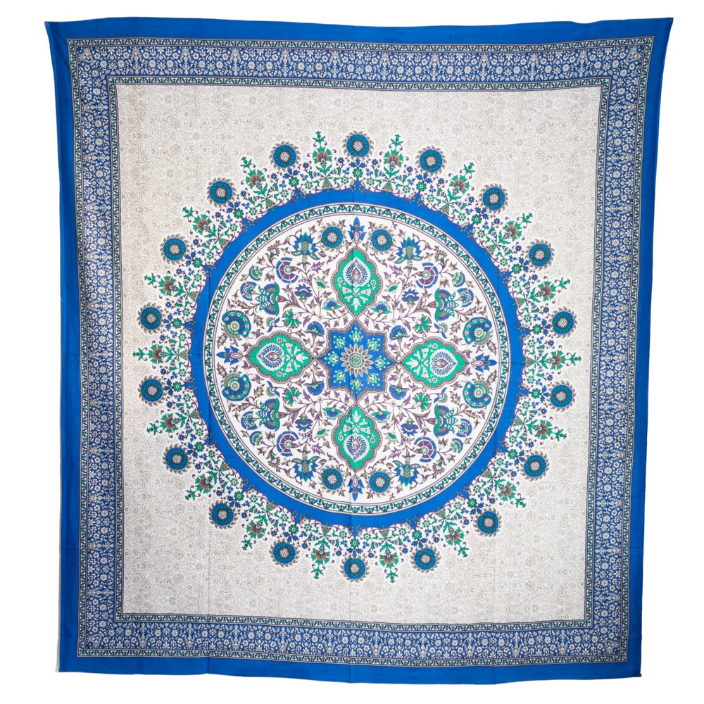 Tapisserie Mandala Bleu Cercle avec Fleurs - Coton (206 x 226 cm)
