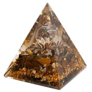 Pyramide Orgonite et Œil de Tigre Lotus - Boule de Cristal de Roche (70 mm)