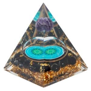 Pyramide Orgonite Fleur de Vie - Tourmaline Noire et Boule de Cristal Améthyste (70 mm)