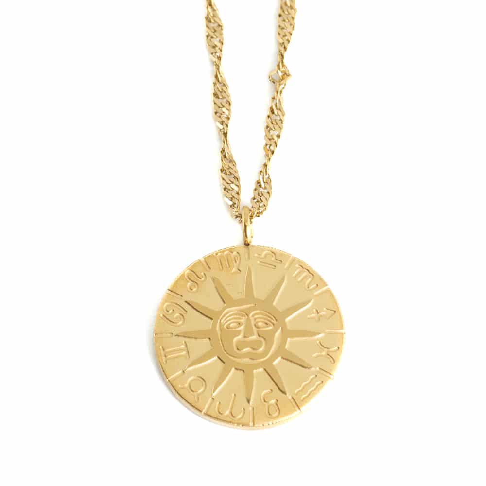 Pendentif Soleil - Signes Astrologiques - Rond - Acier Couleur Or - 17 mm