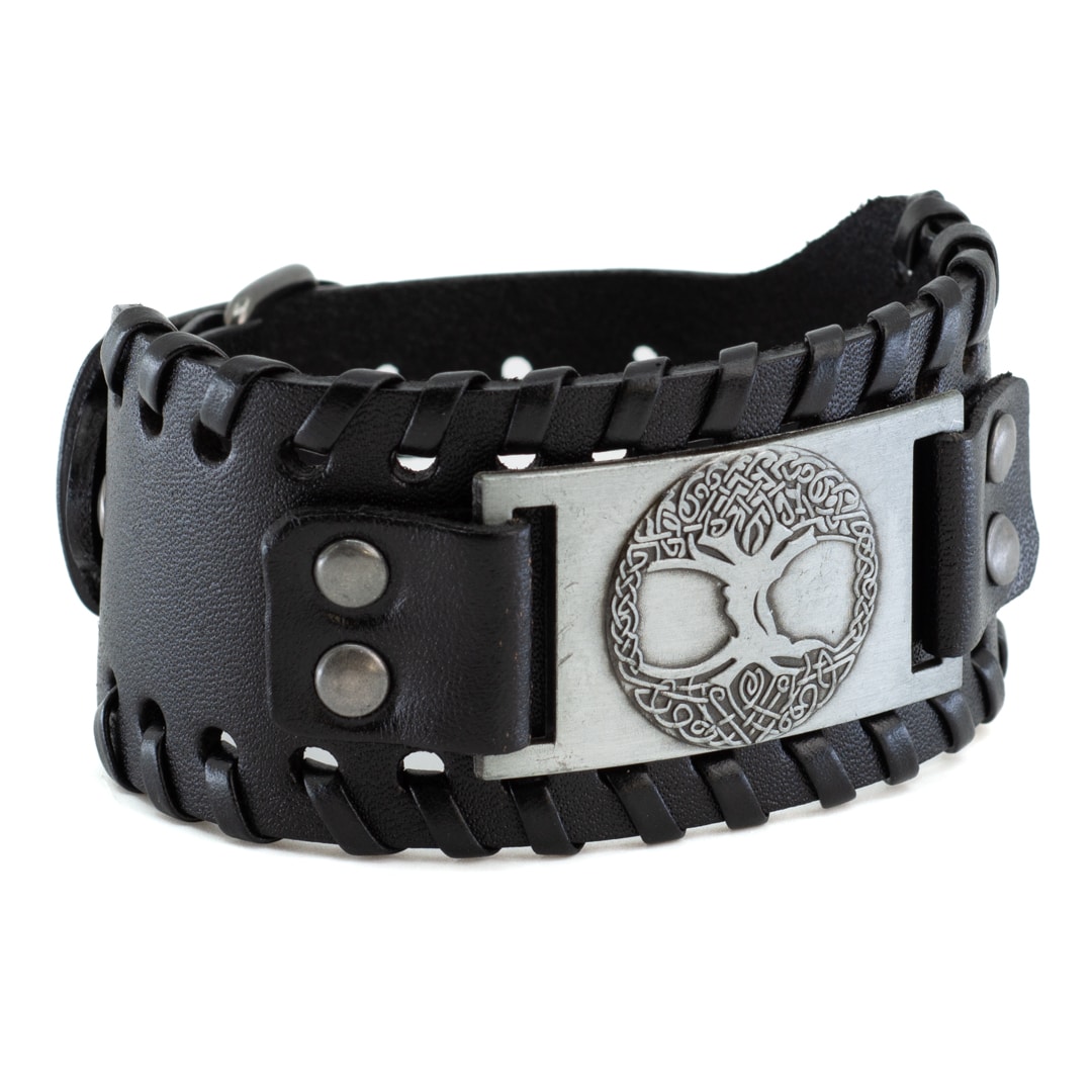 Bracelet Viking Faux Cuir Réglable - Arbre de Vie Norvégien Couleur argent