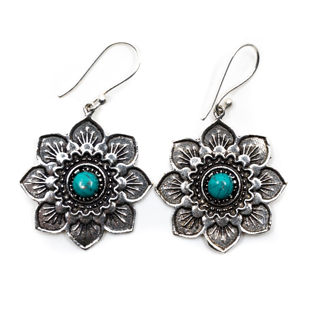 Boucles d'Oreilles Pierre Turquoise Fleur - Argent (30 mm)