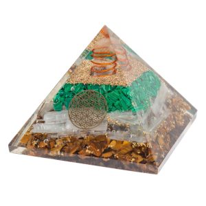 Pyramide Orgonite / Malachite / Sélénite / Oeil de Tigre - Fleur de Vie (70 mm)