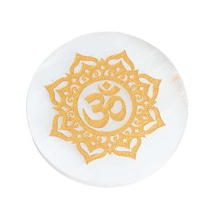 Pierre de Recharge Sélénite Ronde - Mandala OHM (80 mm)