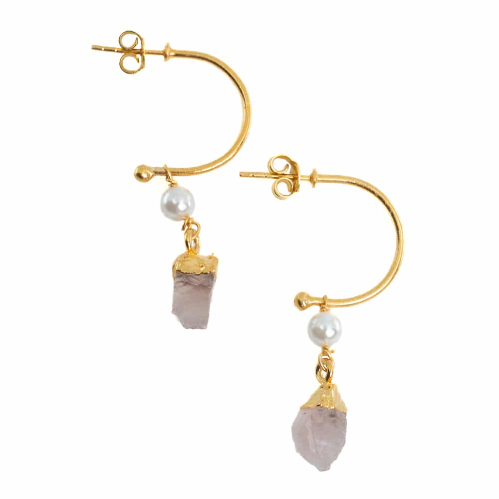 Boucles d'Oreilles Quartz Rose et Perle - Argent 925 et Plaqué Or (45 mm)