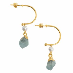 Boucles d'Oreilles Aigue-Marine et Perle - Argent 925 et Plaqué Or (45 mm)