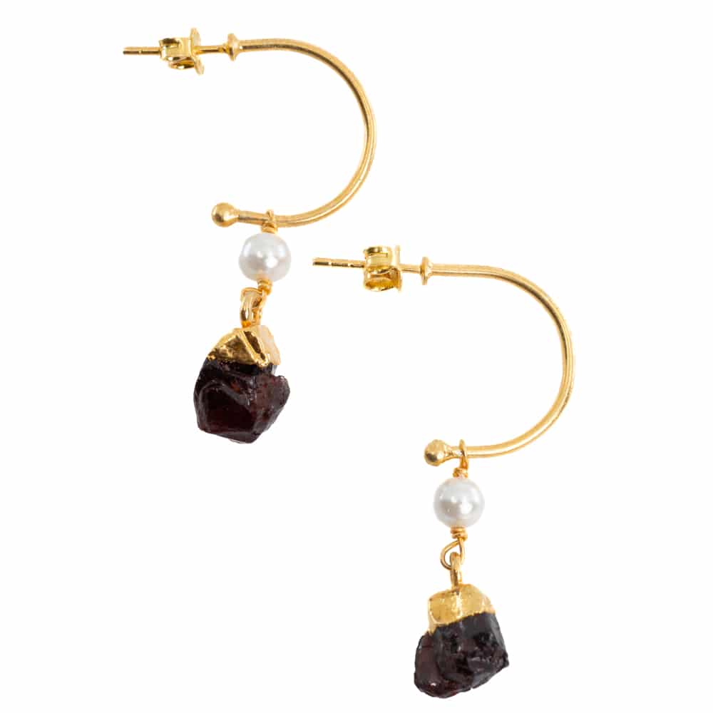 Boucles d'Oreilles Pierre Précieuse Grenat et Perle - Argent 925 et Plaqué Or (45 mm)
