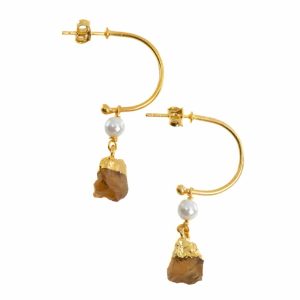 Boucles d'Oreilles Citrine et Perle - Argent 925 et Plaqué Or (45 mm)