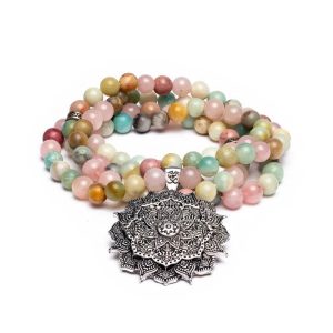 Mala Quartz Rose/ Amazonite/ Rhodonite + Lotus (0,8 cm)