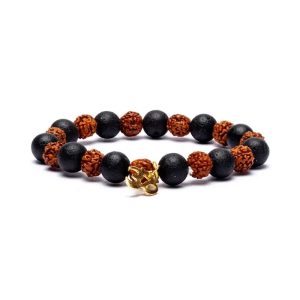 Bracelet Élastique Rudraksha et Pierre de Lave - Breloque Ohm (0,8cm / 9 cm)