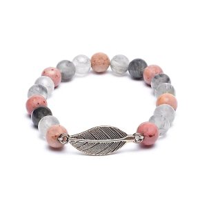 Bracelet Mala Élastique avec Rhodonite, Quartz Gris et Plume