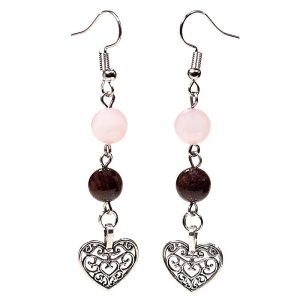 Boucles d'oreilles en Grenat et Quartz Rose avec Cœur en Alliage de Zinc