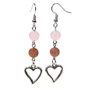 Boucles d'oreilles en Quartz Rose et Quartz Fraise avec Cœur, Fer, 6,5 cm