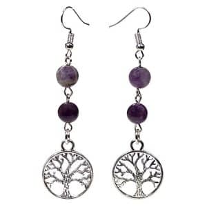 Boucles d'oreilles en fluorite et améthyste avec symbole de l'arbre de vie