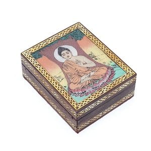 Boîte à bijoux en bois de manguier avec Bouddha et dessin de sable d'arbre Bodhi