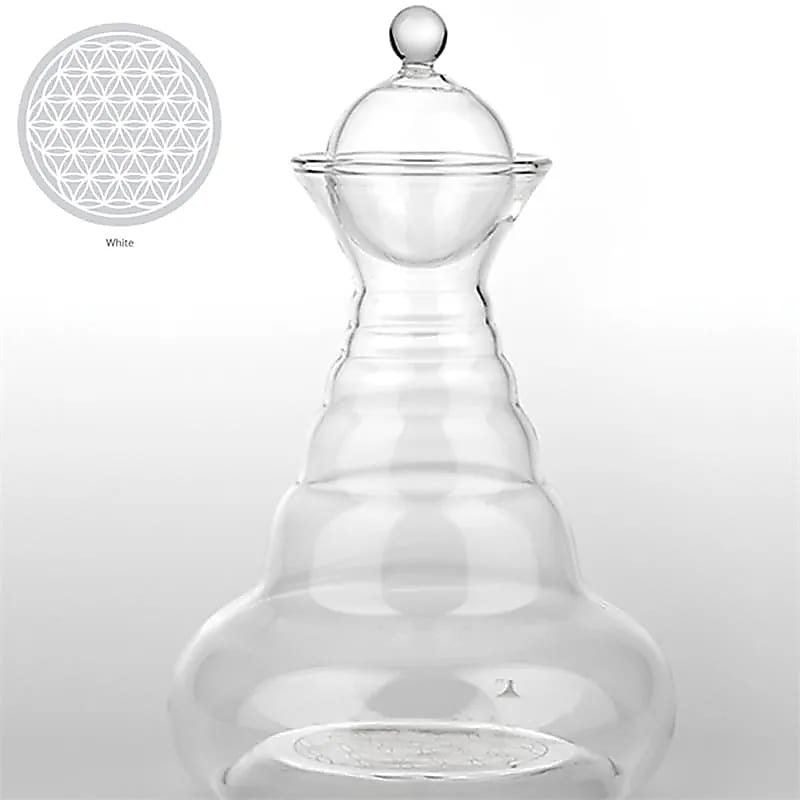 Carafe d'eau vitale Alladin en verre 1300 ml avec Fleur de Vie blanche