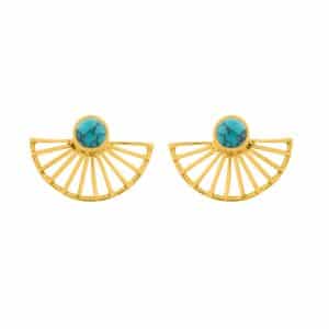 Boucles d'oreilles en or doré avec pierre précieuse turquoise en forme d'éventail