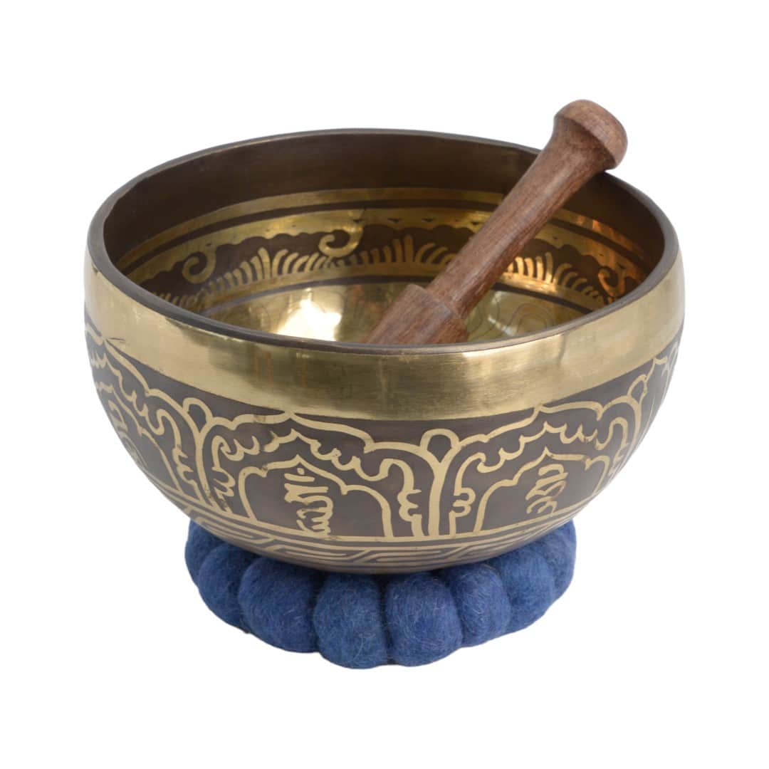 Ensemble de bol chantant avec maillet et coussin - Gravé - Fait main - 14 cm