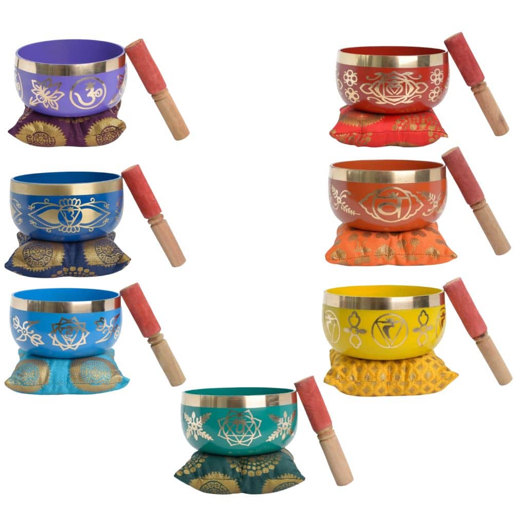 Ensemble de 7 bols chantants Chakra (avec maillets et coussins)