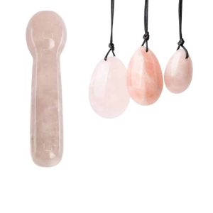 Ensemble d'œufs de Yoni en quartz rose avec bâton - Ensemble