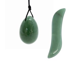 Ensemble d'œuf de Yoni en aventurine verte et baguette (forme S) - Pack