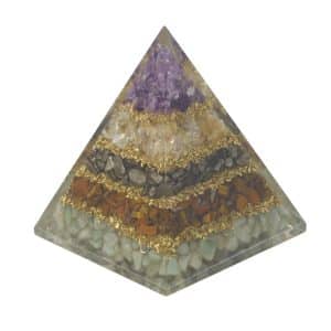 Pyramide Orgonite - Améthyste / Citrine / Pyrite / Œil de Tigre / Aventurine Verte (95 mm)