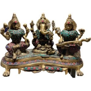 Statue en bronze de Ganesha Sarasvati Laxmi avec des pierres colorées