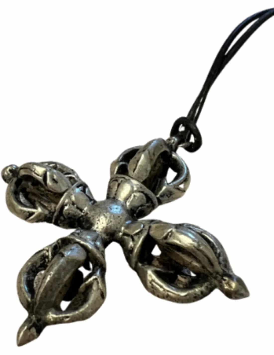 Pendentif Double Vajra Argenté sur Cordon en Cuir Réglable
