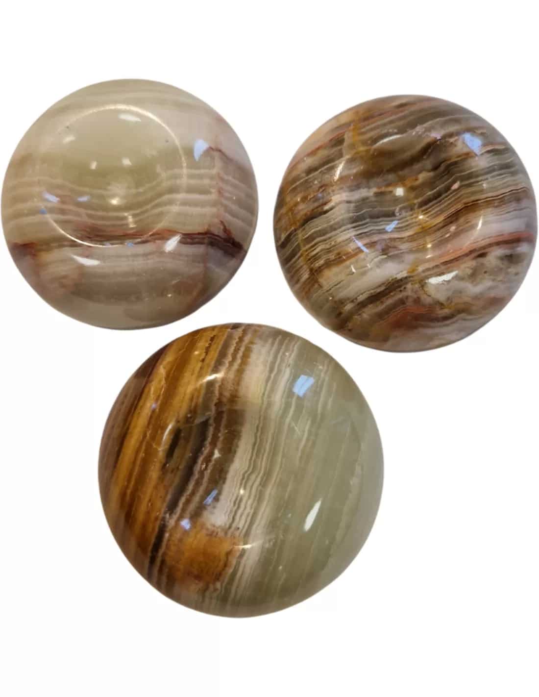 Ensemble de trois coquilles d'œufs en aragonite uniques en onyx marbre