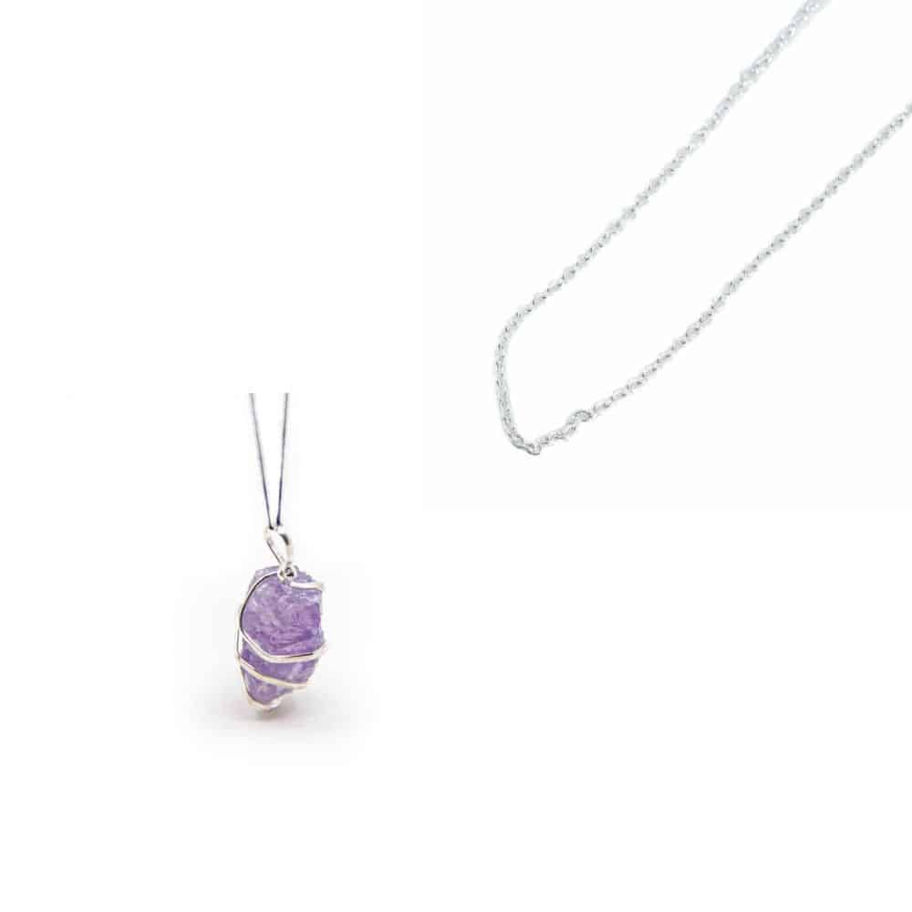 Pendentif Pierre Précieuse Brute Améthyste avec Chaîne en Argent – Ensemble