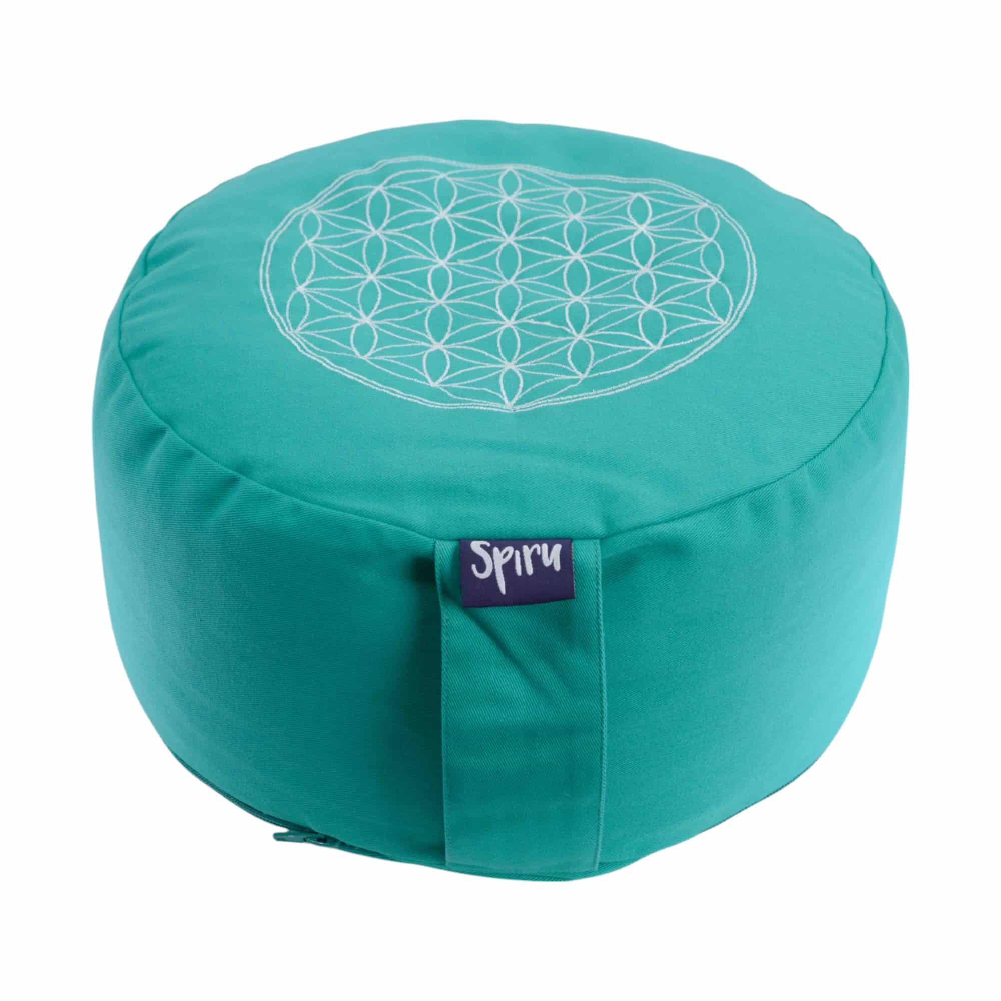 Spiru Coussin de méditation rond en coton Turquoise - Fleur de vie - 30 x 15 cm